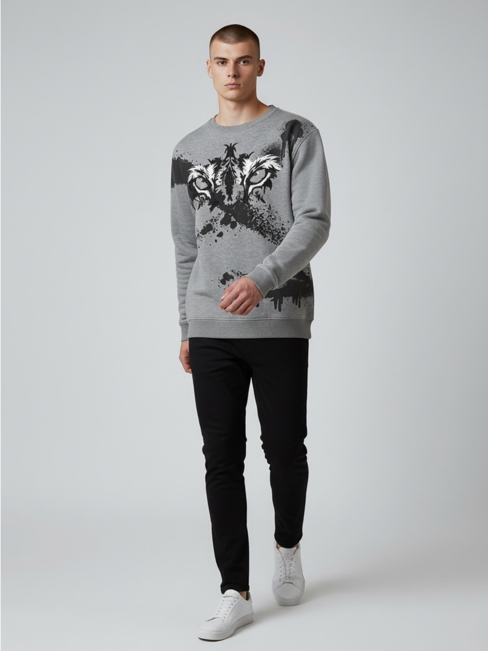 Black Pike Sweatshirt L Gray Embroidered Eyes Paint Splatter Gothic Fleece Lined